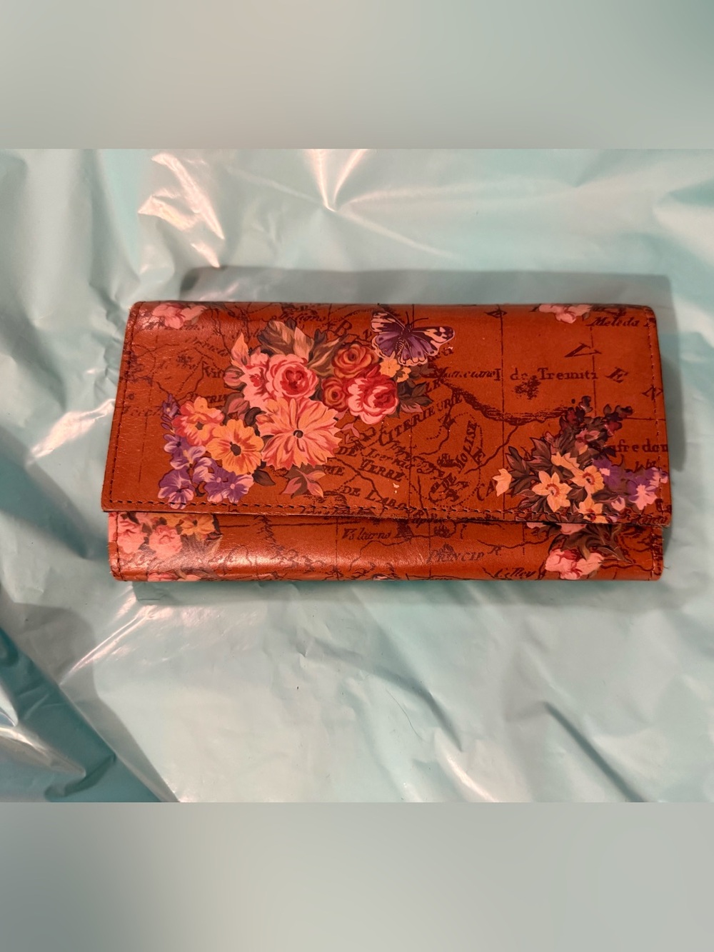 Patricia Nash Floral & Map Print Brown Leather Wallet Clutch 7”W X 4”H Read